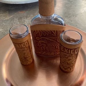 3 Piece leather Flask and Shot Glass Mexico Souvenir.